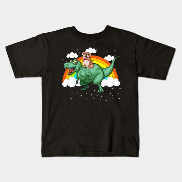 T Rex Dinosaur Riding Bulldog Dog Kids T-Shirt by LaurieAndrew